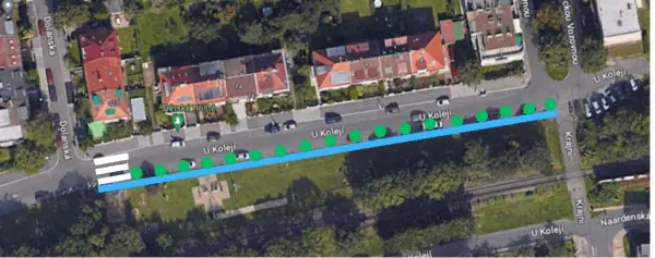 Alej, chodník a přechod u dětského hřiště U Kolejí