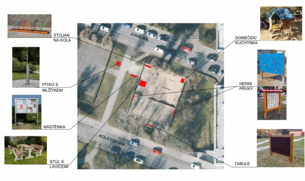 Doplnění hřiště Junácká o pítko, komunitní zázemí a nové prvky