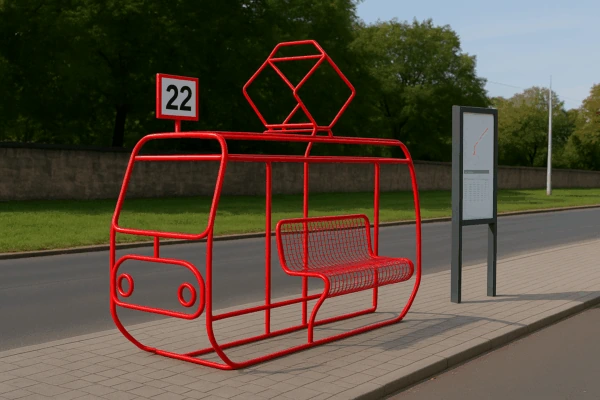 Venkovní skulptura tramvaje č. 22 s posezením u smyčky Bílá hora