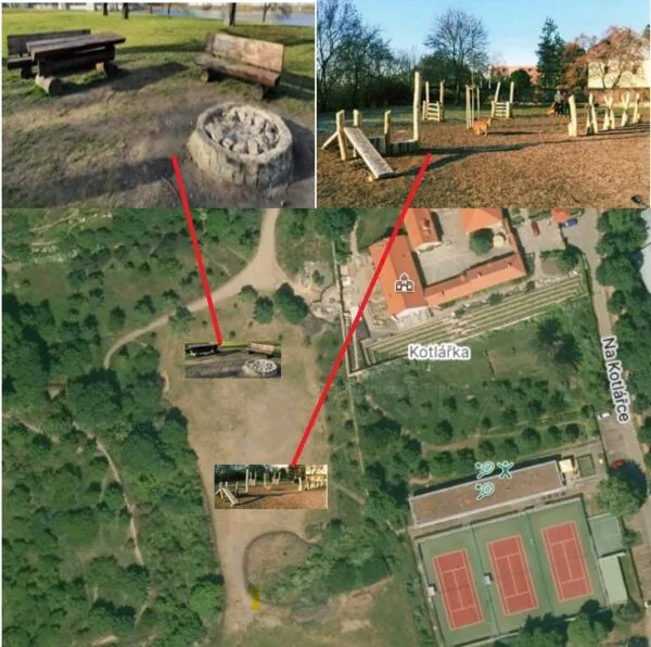 Psí agility hřiště a komunitní ohniště na planině u sportoviště Kotlářka